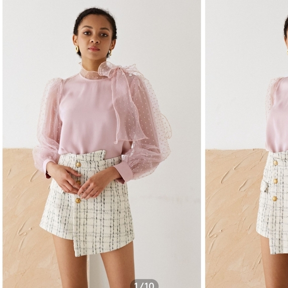 Pink Polka Dot Tulle Baloon Sleeve Fairy Blouse Size S - Picture 2 of 10